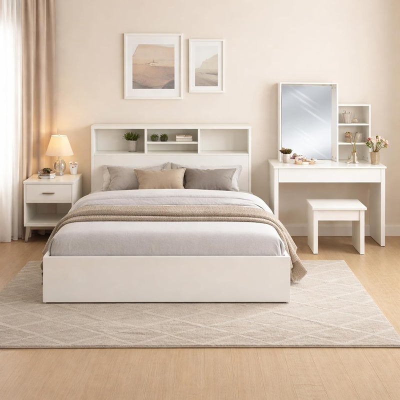 RIGID مجموعة أثاث غرفة نوم ريجيد الحديثة - سرير MDF أبيض مع تخزين في الرأس، طاولة جانبية، طاولة زينة مع مرآة، رف وكرسي - Image 1